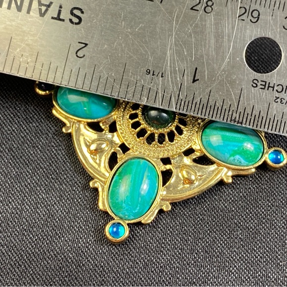 Vintage 1928 Chain Necklace Gold Tone Faux Pearl & Blue Green Cabochons 28" - Picture 10 of 12